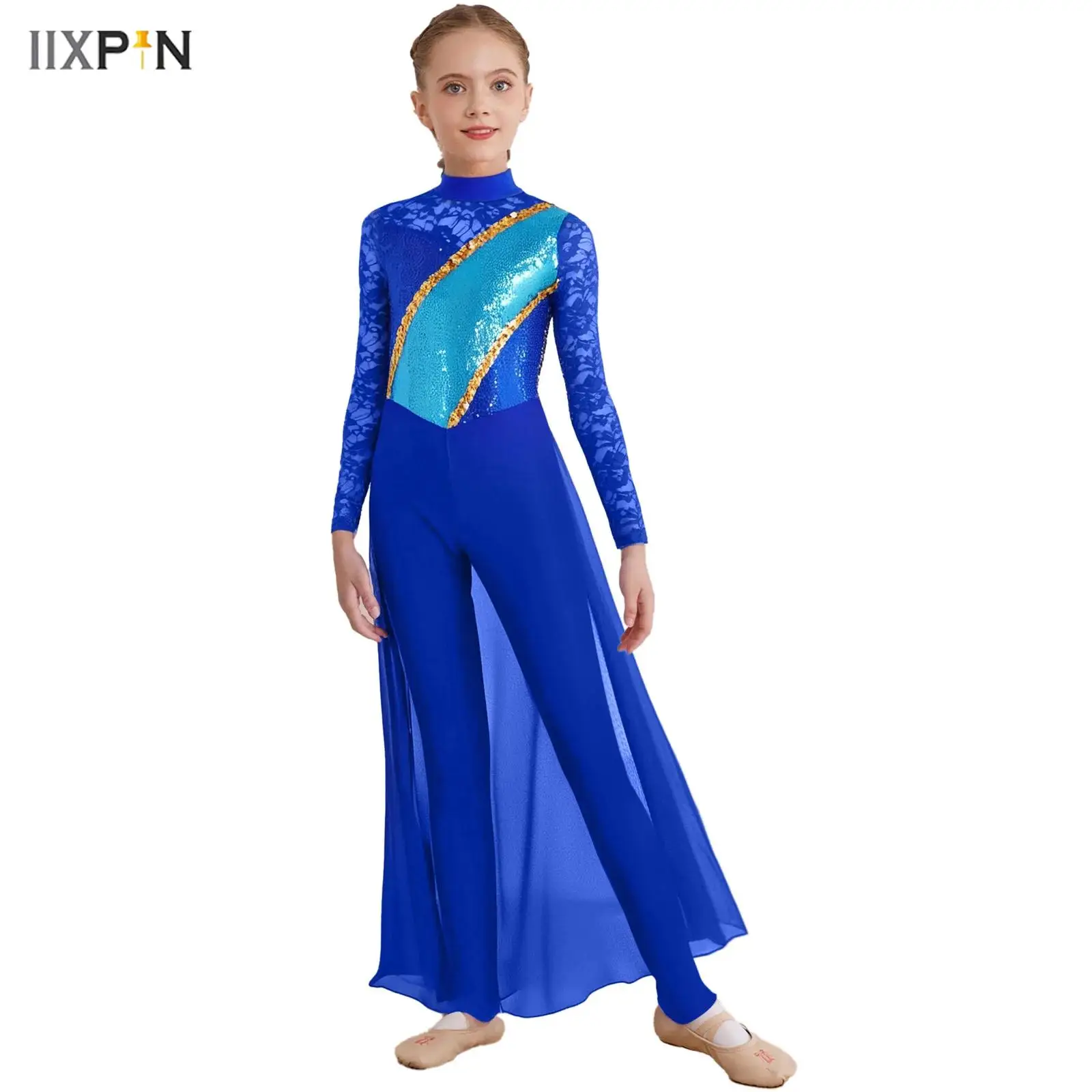 

Kids Girls Gymnastics Figure Skating Jumpsuit Lyrical Dance Dress Sheer Floral Lace Long Sleeve Sequins Chiffon Skirted Unitard