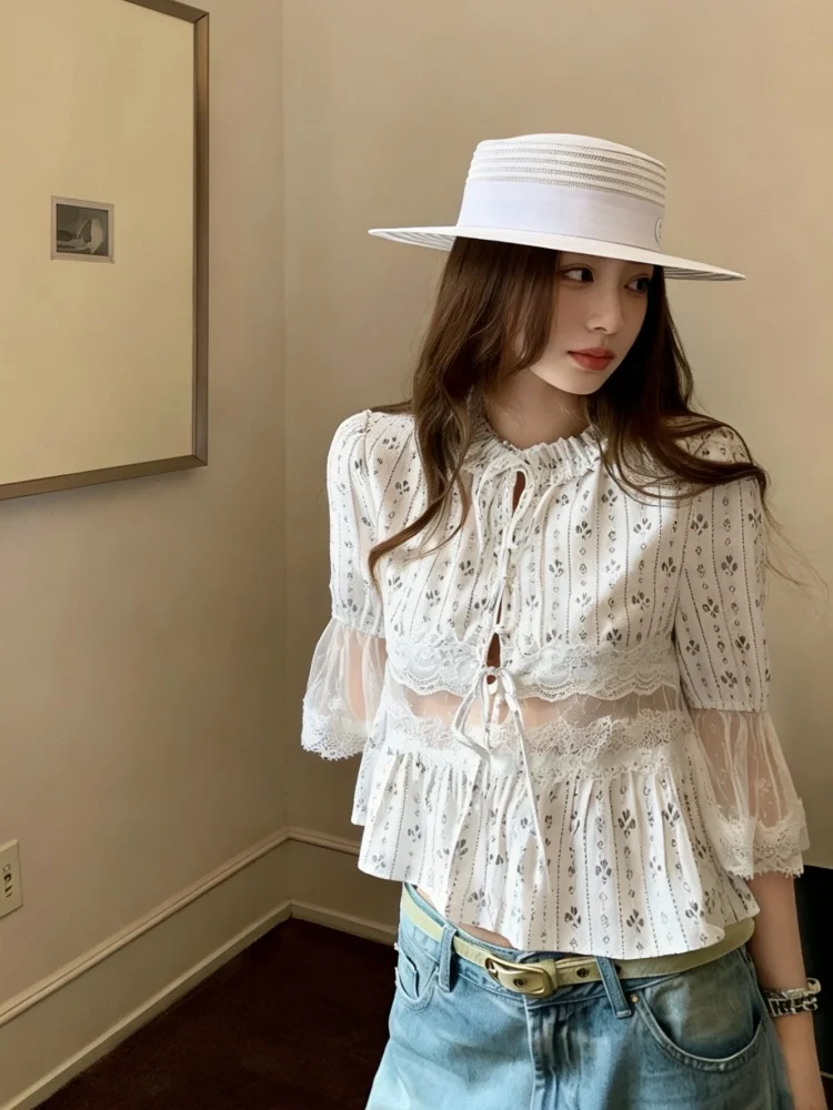 

Elegant Lace Pleated Lantern Sleeve Tie Women's Top Summer Slimming T-Shirt Casual Style Loose Fit Short Sleeve Floral Print
