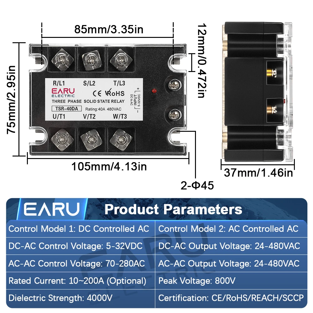 EARU Three Phase Solid State Relay Module DC Control AC SSR AC Control AC 10A 25A 40A 60A 80A 100A 150A 200A Heat Sink 480VAC
