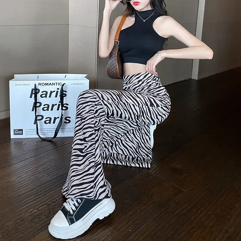 

Y2k Street Explosion Cow Zebra Pattern Pocket Metal Buckle High Waist Straight Pants Slim Casual Pants Casual Women Jeans Denim