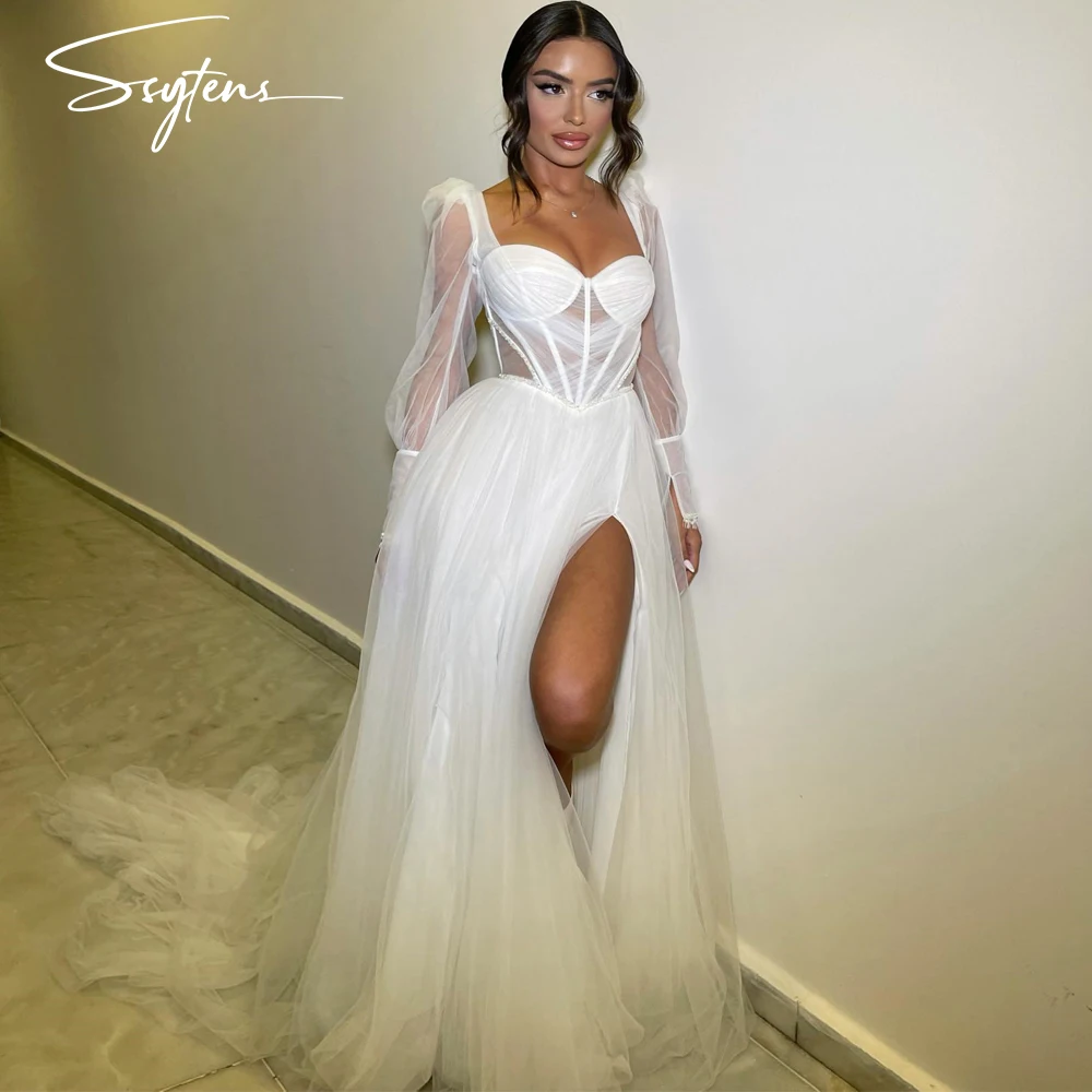 

Stylish Wedding Evening dress Sexy High Split Long Sleeves Bride Dresses Tulle Israel Saudi Women Party Ceremony Gowns Ladies