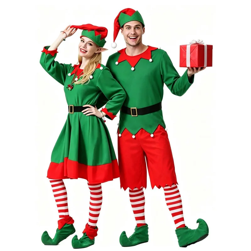 Christmas Elf Family Costume Green Festive Outfit Carnival Party Halloween Dress Roleplay Clothes Set For Men Women Girls Boys