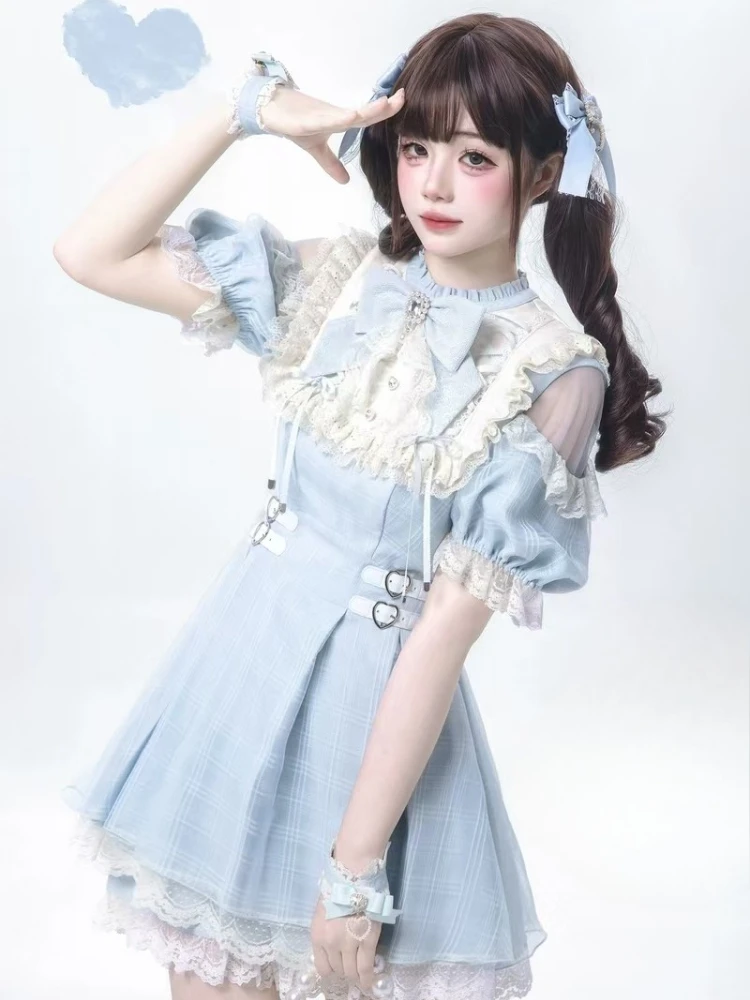 اليابانية الحلو لوليتا القوس فستان مجموعة تي شيرتات قصيرة للأطفال النساء Kawaii الدانتيل الكشكشة قبالة الكتف قمصان مربعة النقش فستان القوطية Y2k سليم فستان الحفلات #2