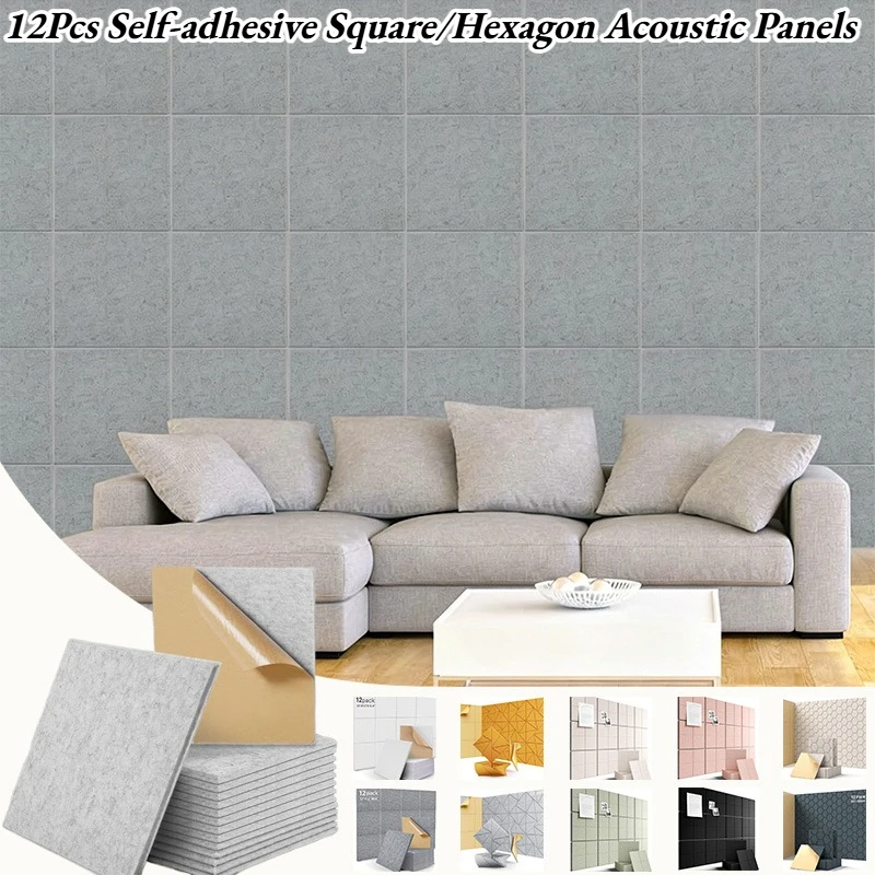12Pcs Self-adhesive Square/Hexagon Acoustic Panels Acoustic Foam Panels Liner Design Absorbs Noise Background Wall Decor