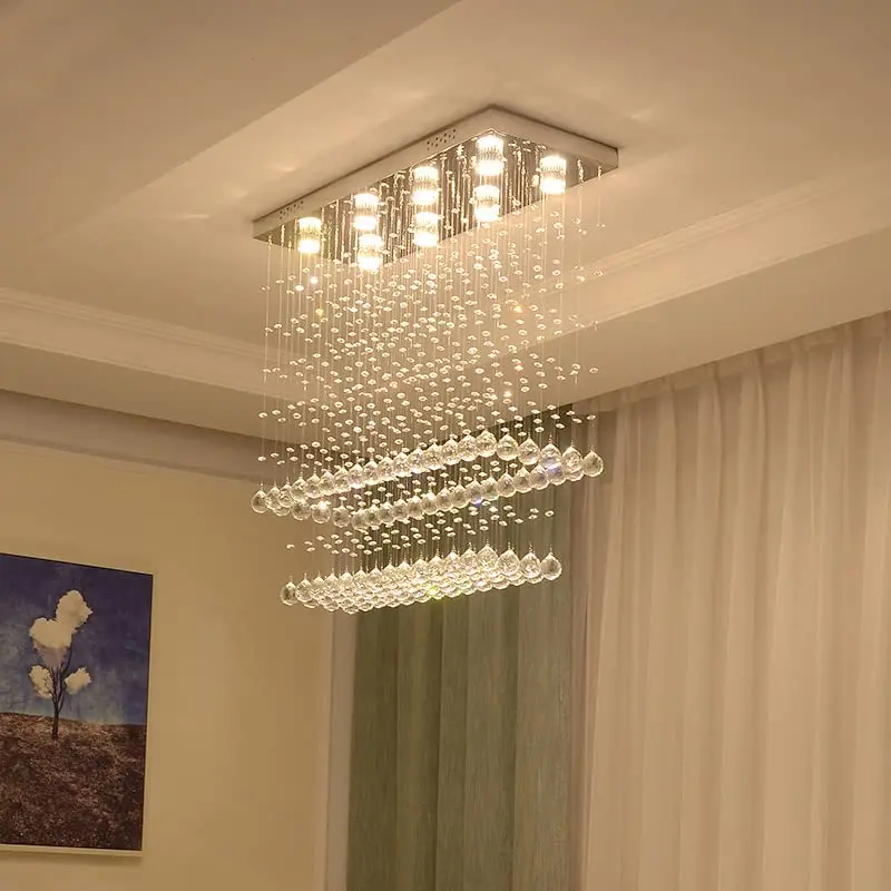 Modern Rectangular Crystal Chandelier Ceiling Lighting Fixture Raindrop Pendant Flush Mount Light for Dining Rooms Kitchen