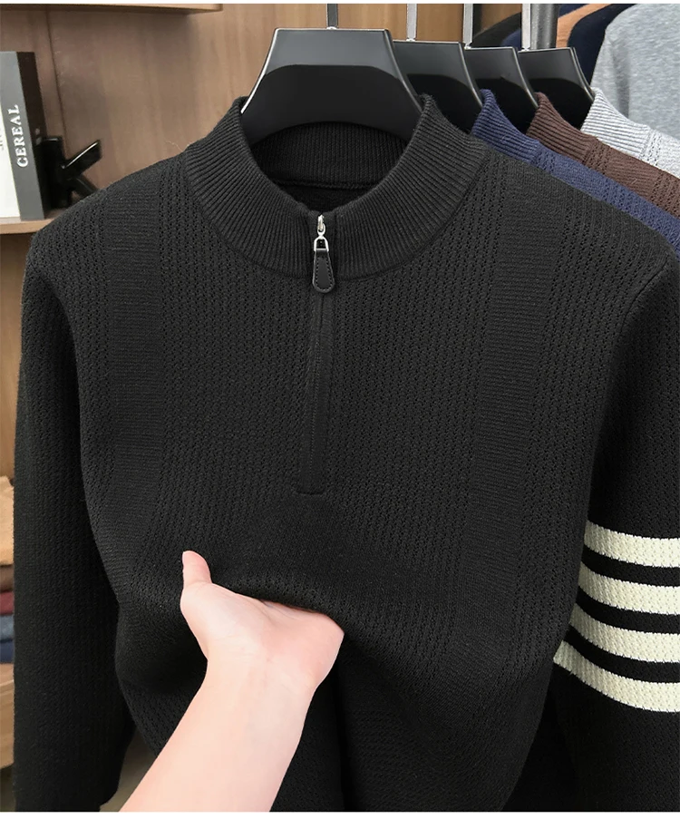 Hochwertige Reißverschluss Kragen Pullover Männer Neue Trend Persönlichkeit Streifen Zipper Herbst Winter Komfort Warm Stricken Sweater – Detail 15