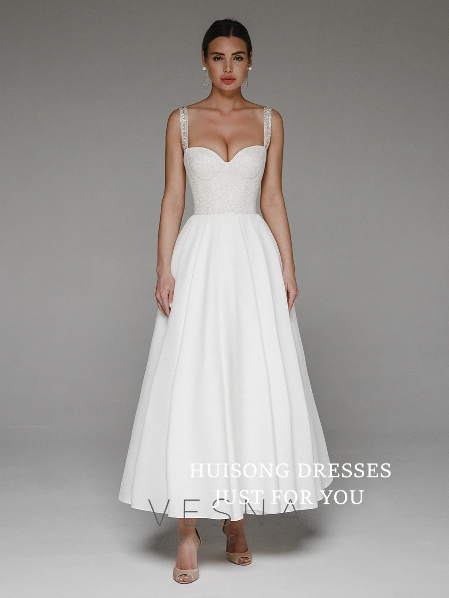 

HUISONG Customized Glitter Midi Wedding Dresses Sleeveless Spaghetti Straps A-Line Tea-Length Beach Bridal Gown свадебное плать