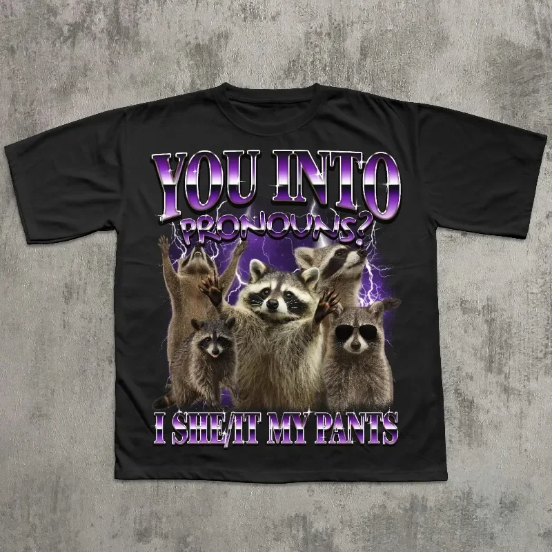 You Into Pronouns I She It My Pants Graphic T-shirt, Funny Raccoon Unhinged Weird Silly Meme Casual Unisex Short Sleeve Tee