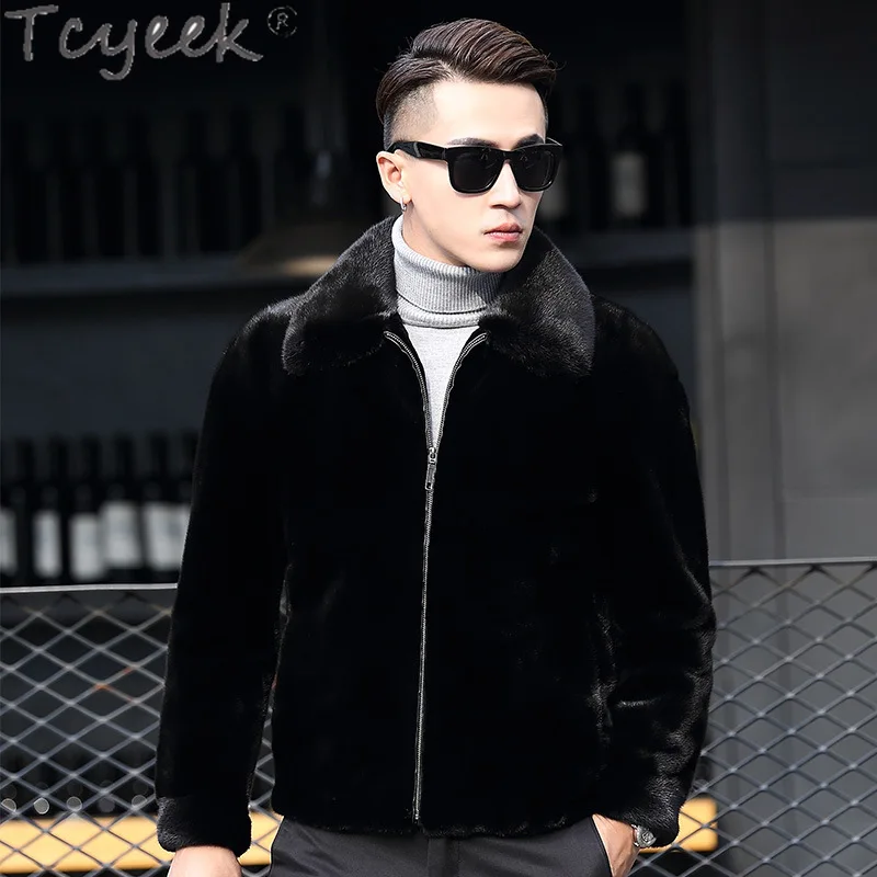 Tcyeek High-end Natural Mink Fur Coat Men Winter Jacket Warm Mink Fur Collar Fashion Real Fur Mens Coats Куртка Мужская 2025