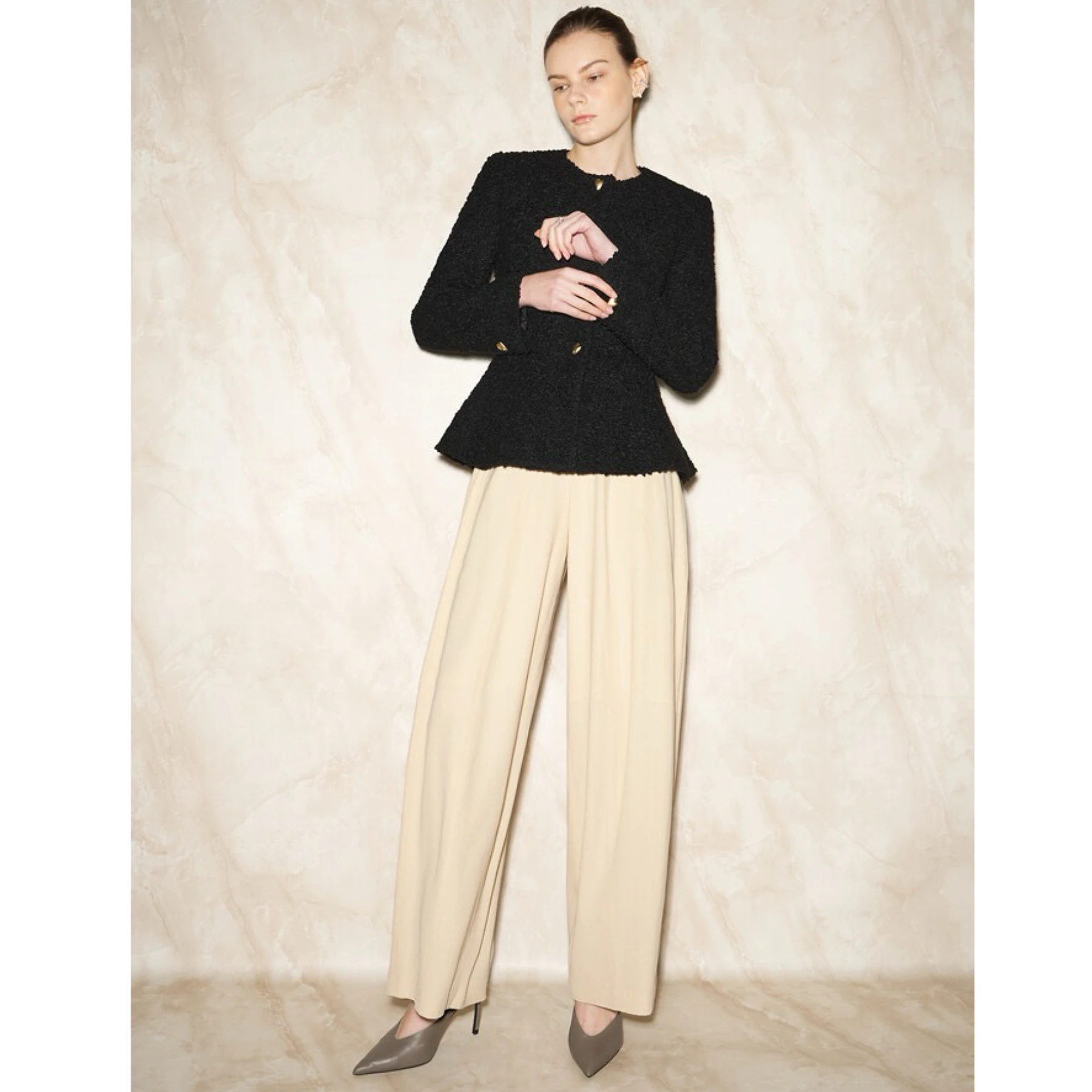 

Lemon Cheese LAN26 Spring Ele Simple round Ne Waist Cinching Slimming Swinging Fraance Sle Single Button ort Jaet