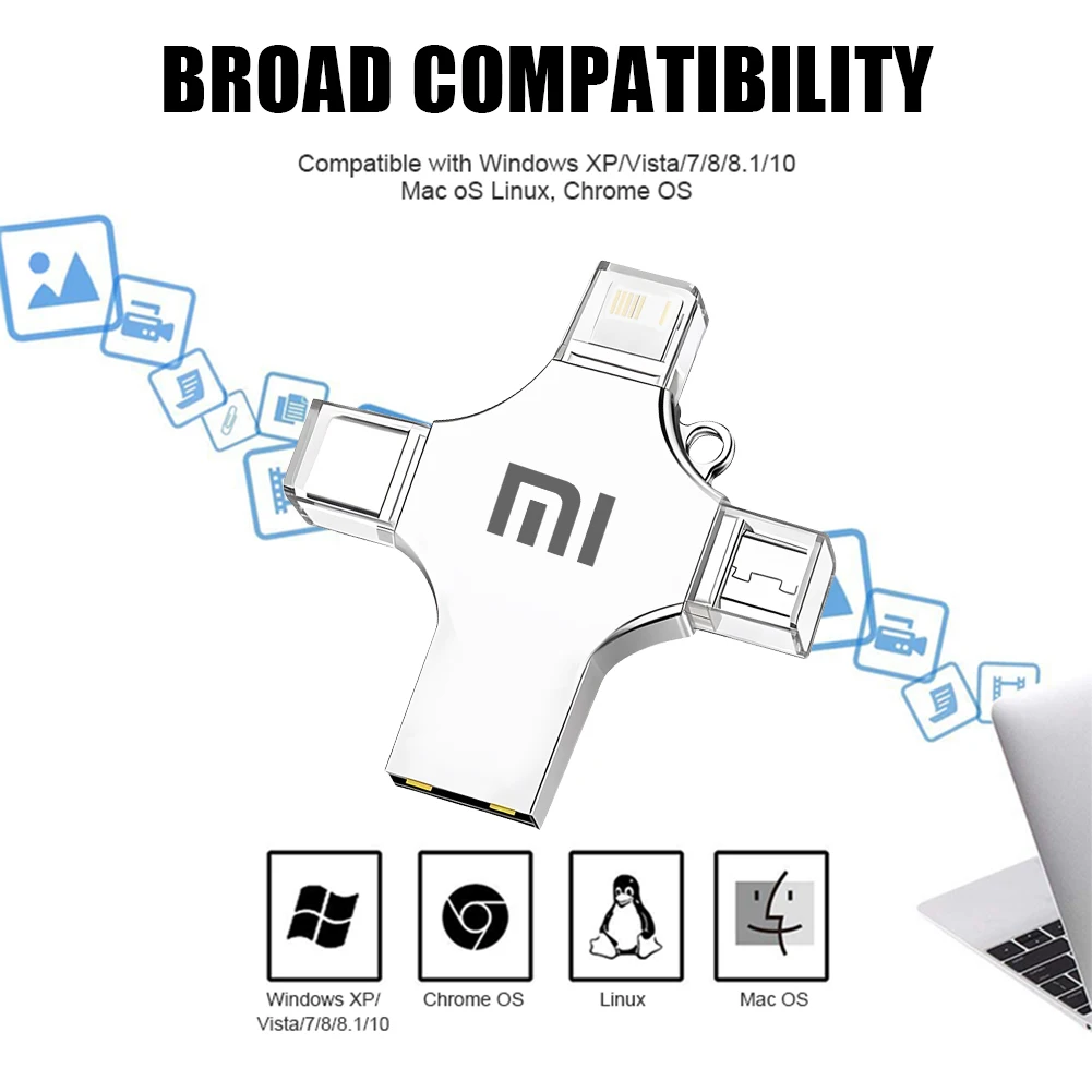 XIAOMI-Type-C OTG USB Flash Drive, Memory Stick para iPhone, Android, PC, Micro USB 3.0 Pendrive, 4 em 1, 2TB, 3.0