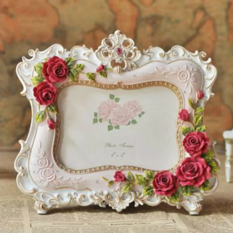 European Resin Picture Frames Vintage Rose Flower Elliptic Photo Frames for Wedding Gifts Home Table Decor Framed Art 6/7inch