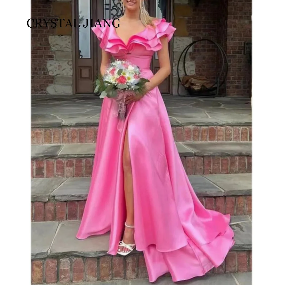 

Luxury Long Hot Pink V Neck Ruffled Satin Evening Dresses Sleeveless with Slit A Line Sweep Train فساتين سهرة 2024