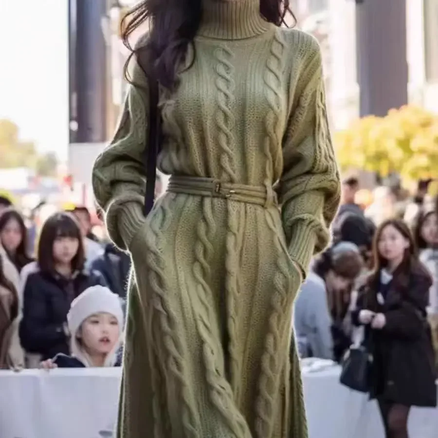 

Трикотажные платья с высоким воротником, женские шикарные платья высокого класса Y2K, средняя одежда, свитер, длинное платье, новинка 202, осень-зима