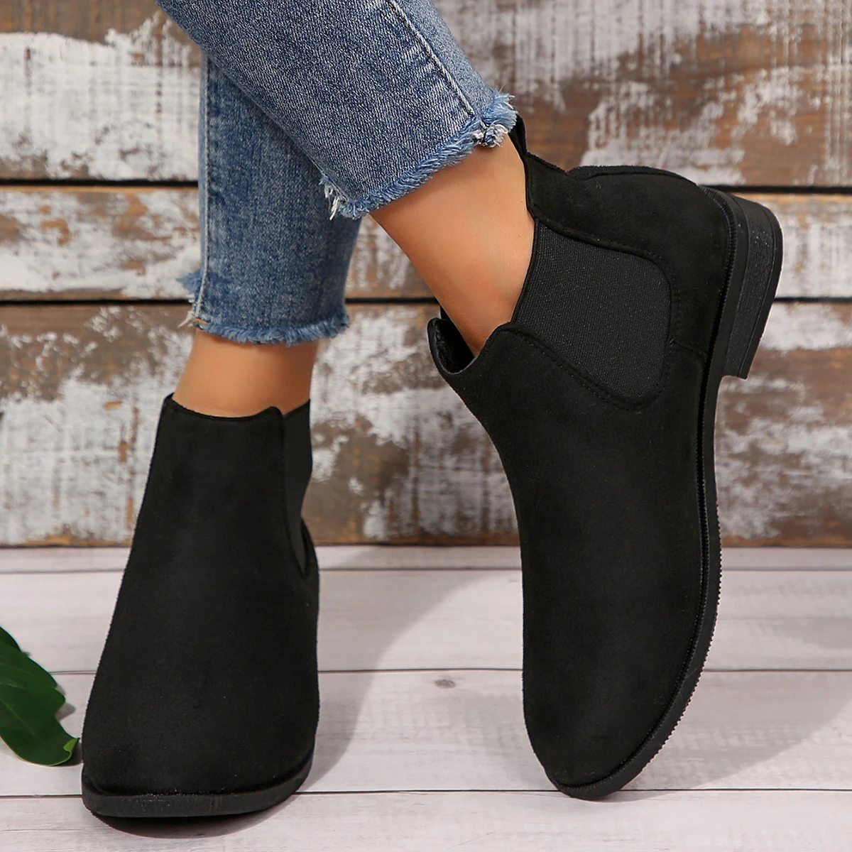 New Round Toe Elastic Band Women Boots Thick Low Heel Slip on Botas Mujer Autumn Winter Short Chelsea Botines Female Flock Botas