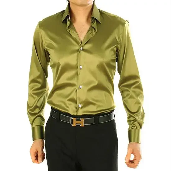 Mens Solid Silk Casual Shirts Long Sleeve Rayon Wedding Dress Shirts Men Soft Comfortable Fashion Shine Silk Shirt Camisa TS-143