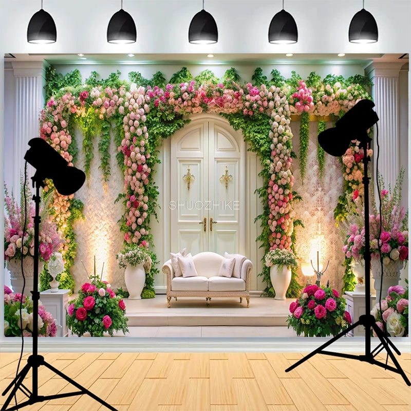 

Large Floral Arch Decorated With Flowers Greenery Photography Backdrops Happy New Year Family Party Photo Background XH-71