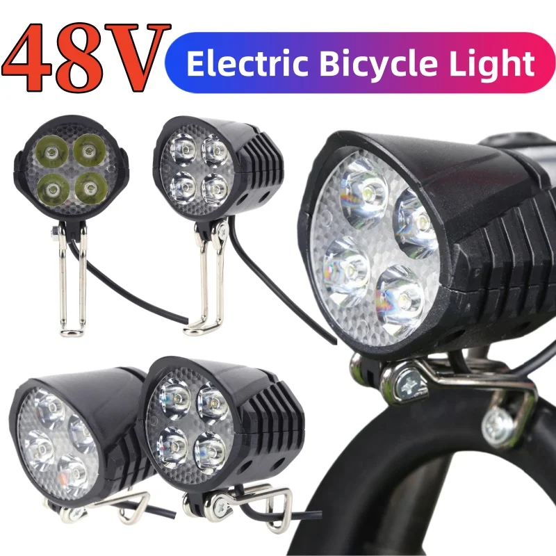 48V E-Bike Horn Light High Power Electric Bicycle Scooter LED Headlight Front Lamp Waterproof Outdoor Cycle Biking Accessories