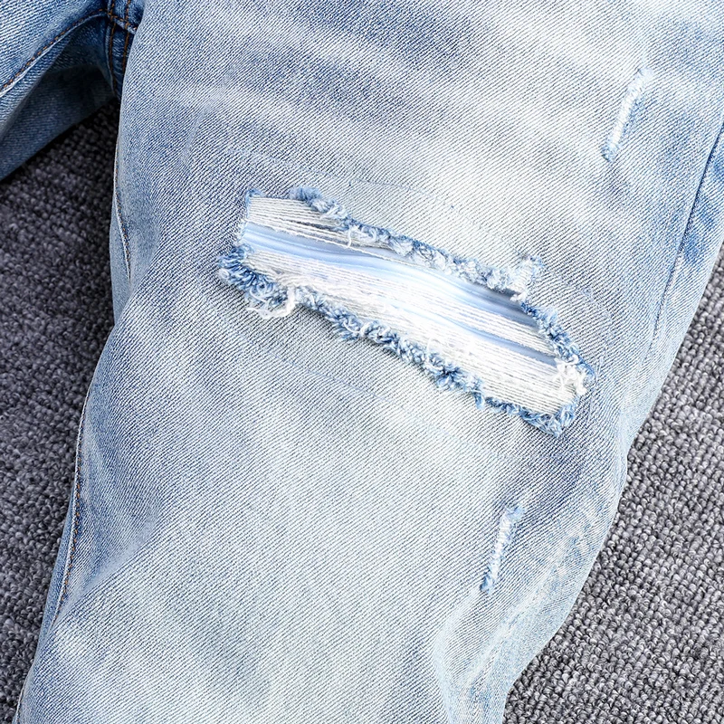 Y2K European and American Fashion New Jeans, Water Washed Nostalgic Stretch Slimming Light Blue Men's Jeans, High Street Hip Hop