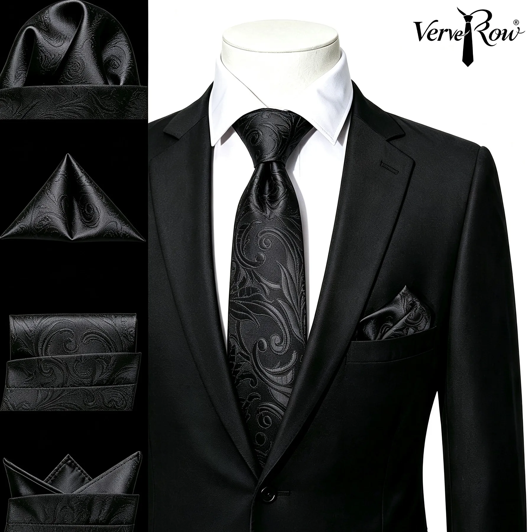 VERVEROW Black Gold Triangle Pattern Necktie Matching Pocket Square Set Men Formal Tie Handkerchief Accessory for Office Banquet