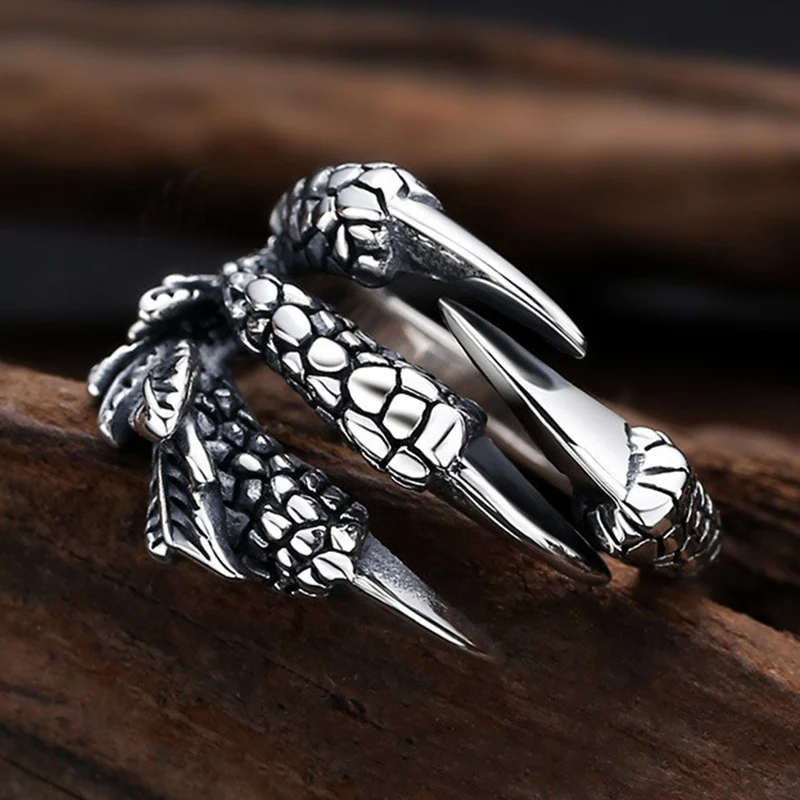 Vintage Stainless Steel Silver Dragon Claw Adjustable Opening Ring Tibetan silver Eagle Animal Rings for Men Women Punk Jewelry