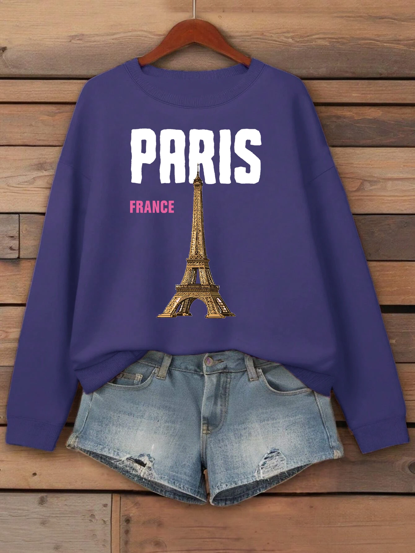 เสื้อพิมพ์ลายหอไอเฟล ประเทศฝรั่งเศส เสื้อสเวตเชิ้ตผ้าฟลีซสำหรับผู้หญิง ฤดูใบไม้ร่วง ทรงหลวม สไตล์ฮิปฮอป ชุดกีฬา Y2K เสื้อคอกลมสวมใส่สบาย