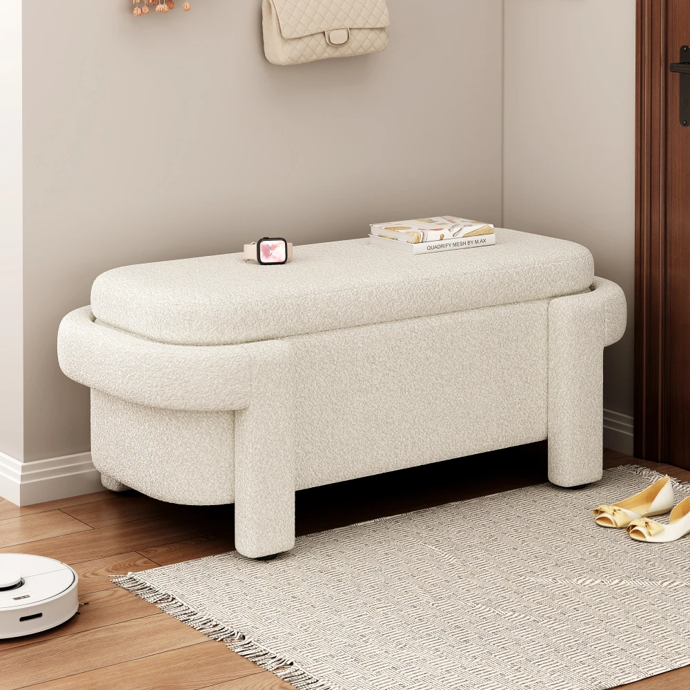 Modern Storage Ottoman Bench,พื้นที่เก็บของขนาดใหญ่สําหรับห้องนั่งเล่น,ทางเข้าและห้องนอน,สีขาวปุย (48''x21.5''x17'')