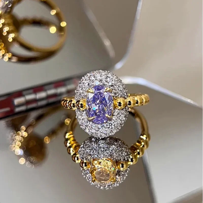 Stylish new gold plated high carbon diamond 5*7 ice cut s925 silver ring elegant light luxury jewelry for women