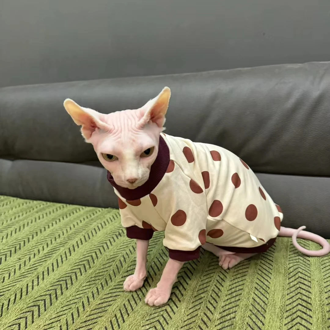 Spring Sweet Cotton Shirt for Sphynx Cat Soft Beige Coffee Dot Loungewear for Kittens Autumn Long Sleeves Coat for Devon Rex