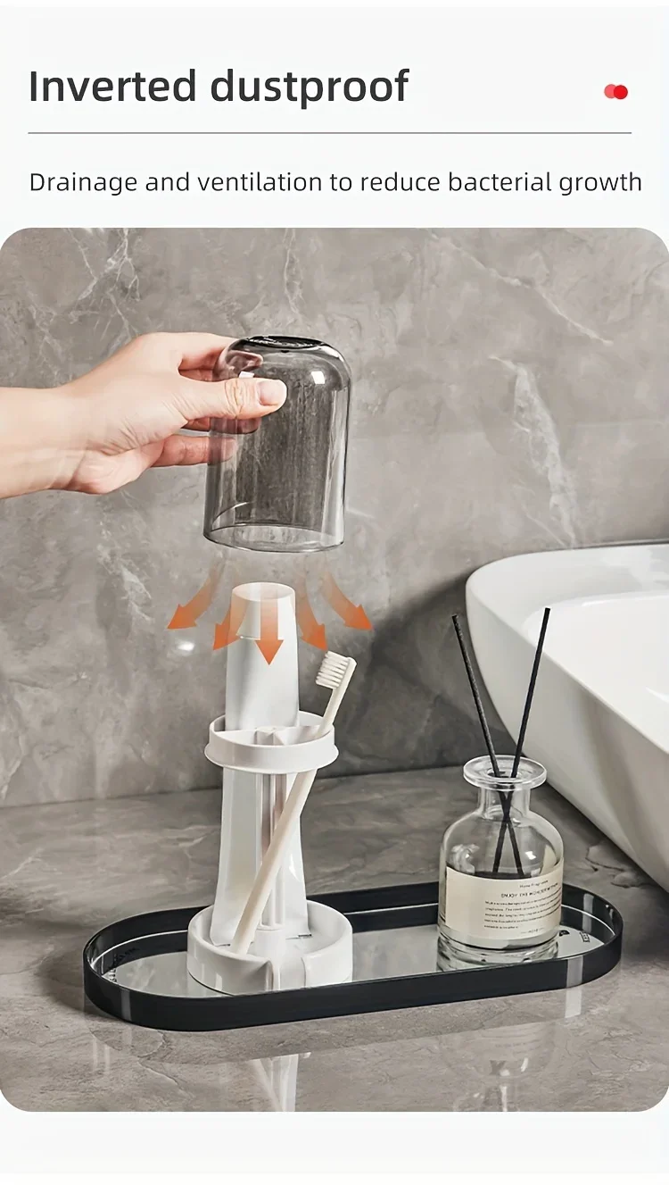 Toothbrush Holder with Dust Cover, Drainage Design, Plastic Multifunctional Bathroom Toothbrush and Cup Organizer