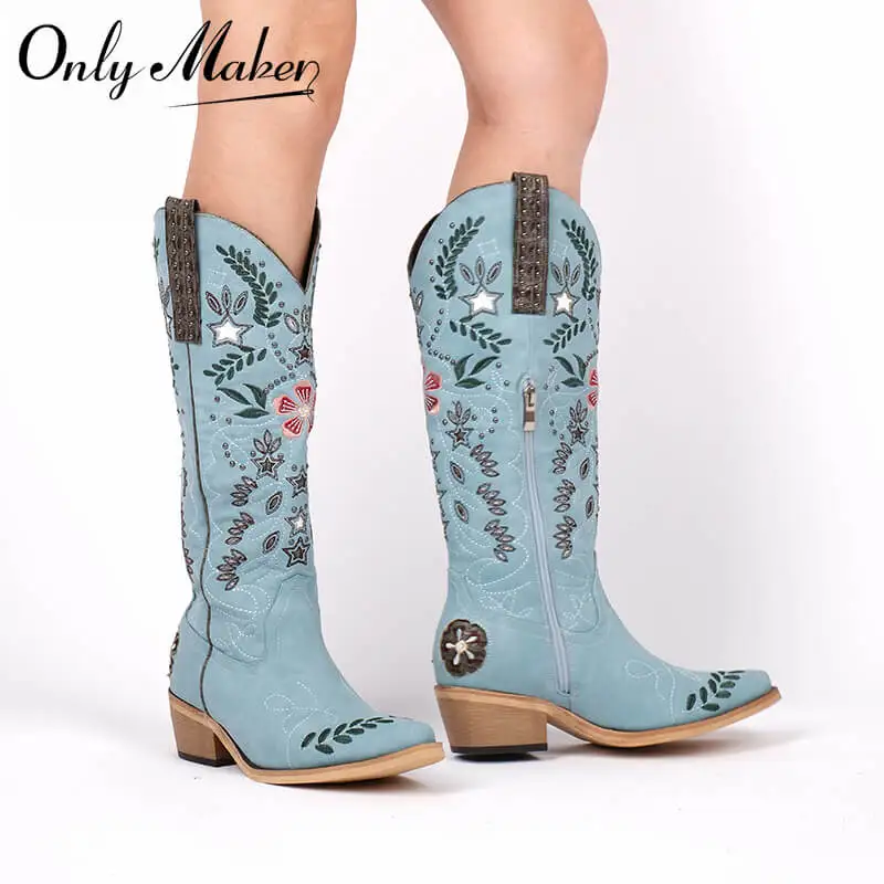 Onlymaker Women Pointed Toe Embroidery Rivet Pull On Knee High Embroidery Western Cowgirl Boots Chunky Heel Cowboy Boots