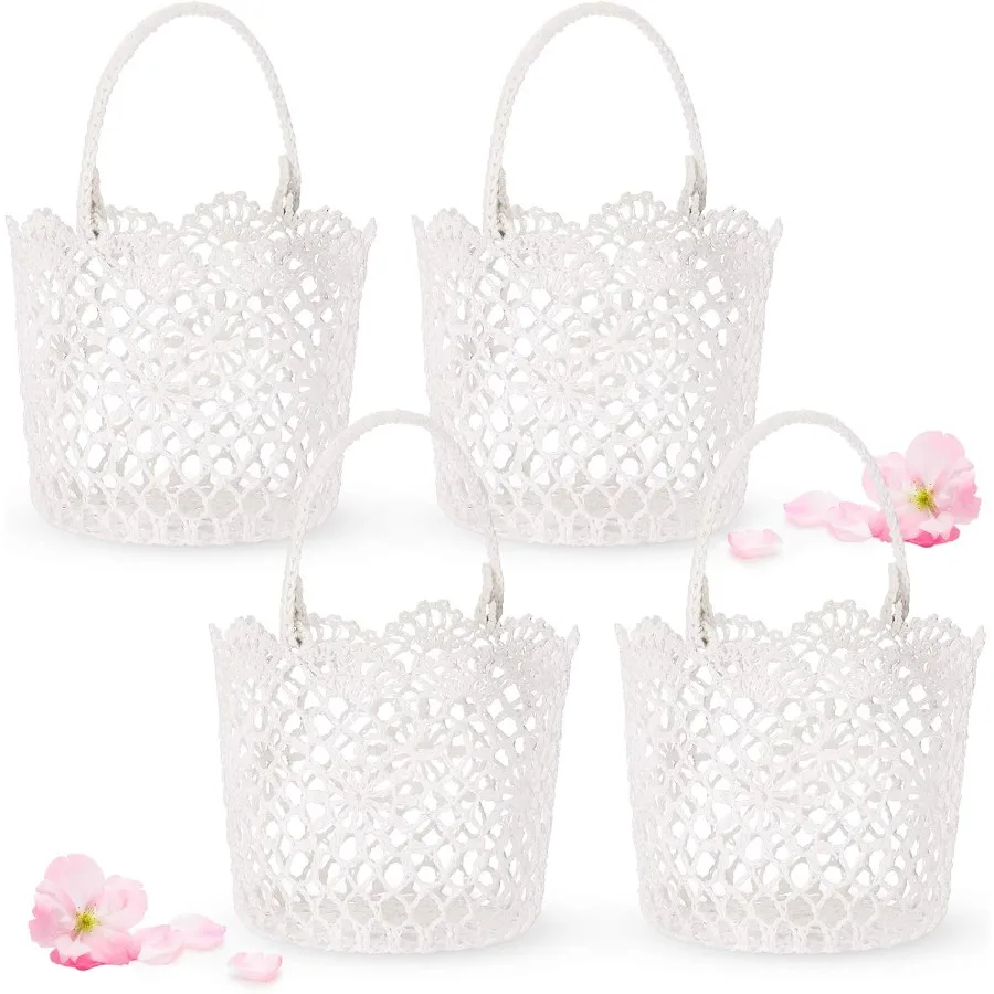 4pcs White Flower Girl Basket with Handle for Wedding Ceremony Elegant Floral Decoration for Bridal Shower and Reception Ideal