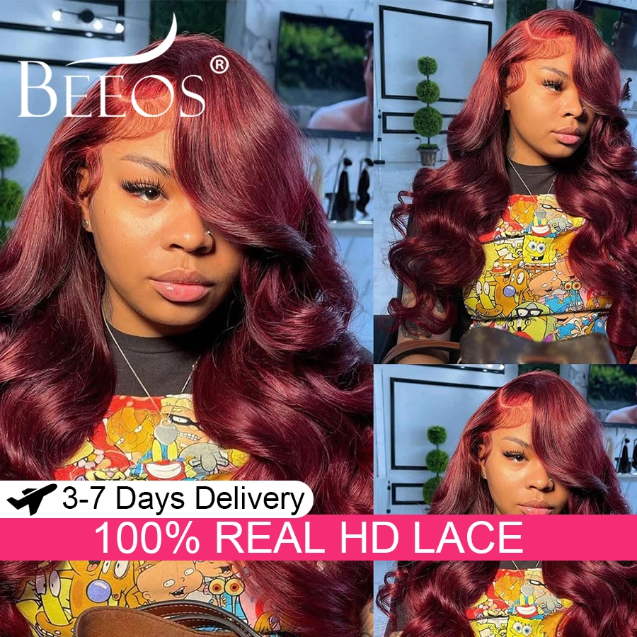 34in 99J Burgundy 13x6 HD Lace Frontal Human Hair Wigs Body Wave Colored Wigs 250% Pre Cut HD Lace Deep Part Melt Skins Virgin