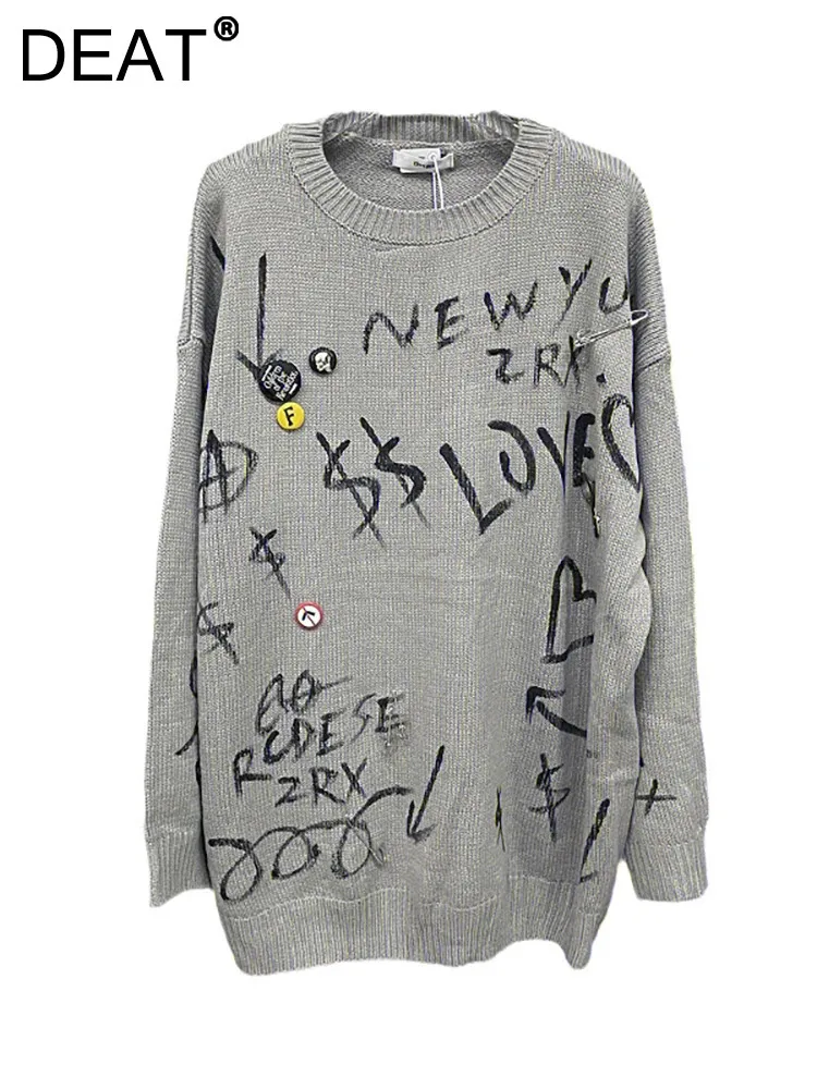 DEAT Women\'s Pullover Hand Drawn Letters Graffiti Knitted Loose Broken Holes Pins Decoration Sweaters Autumn 2024 New Fashion