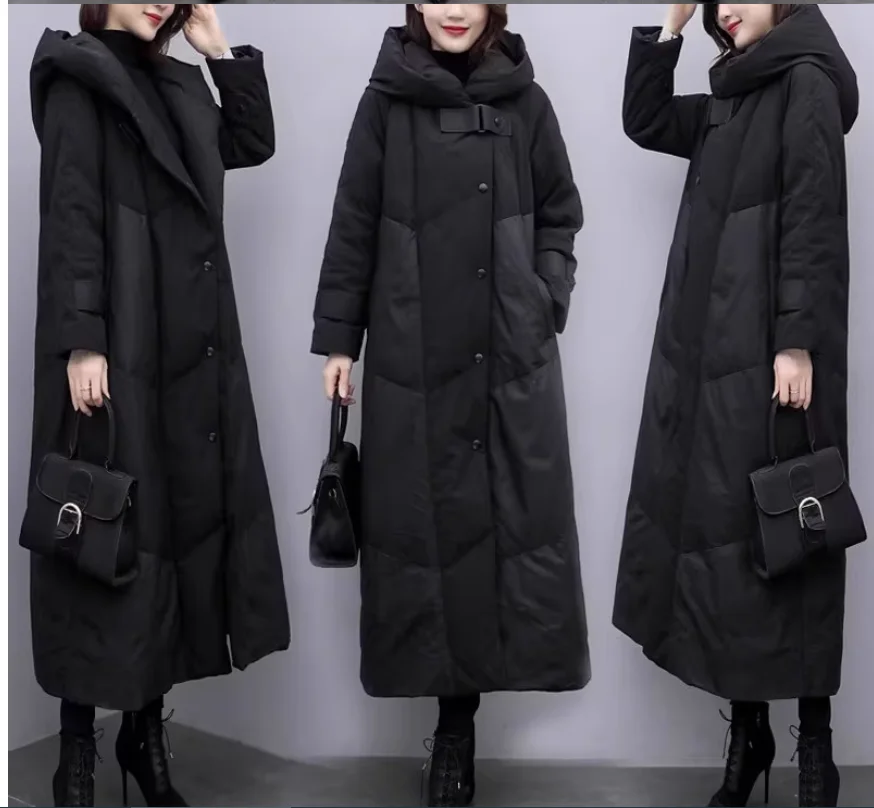 Winter loose fitting mid length knee length down jacket with thickened jacket