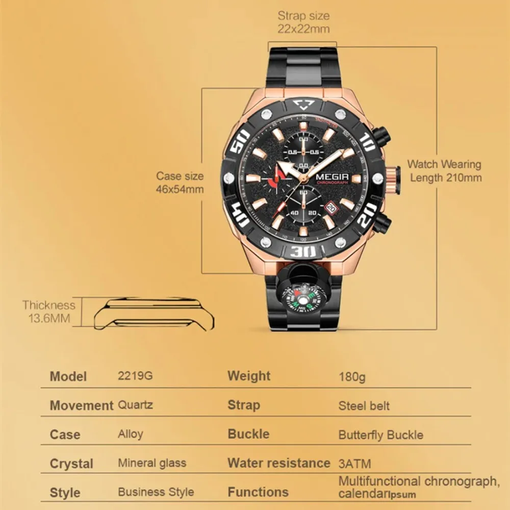 MEGIR 2219 Luxury Fashion Steel Strip Men's Watch Quartz Waterproof Luminous Chronograph Calendar Watches for Men Reloj Hombre