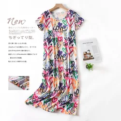 Summer Female Casual Print Night Dress Ladies Cotton Nightgown Women Round Collar Long Sleepshirt Women's Soft Home Dress