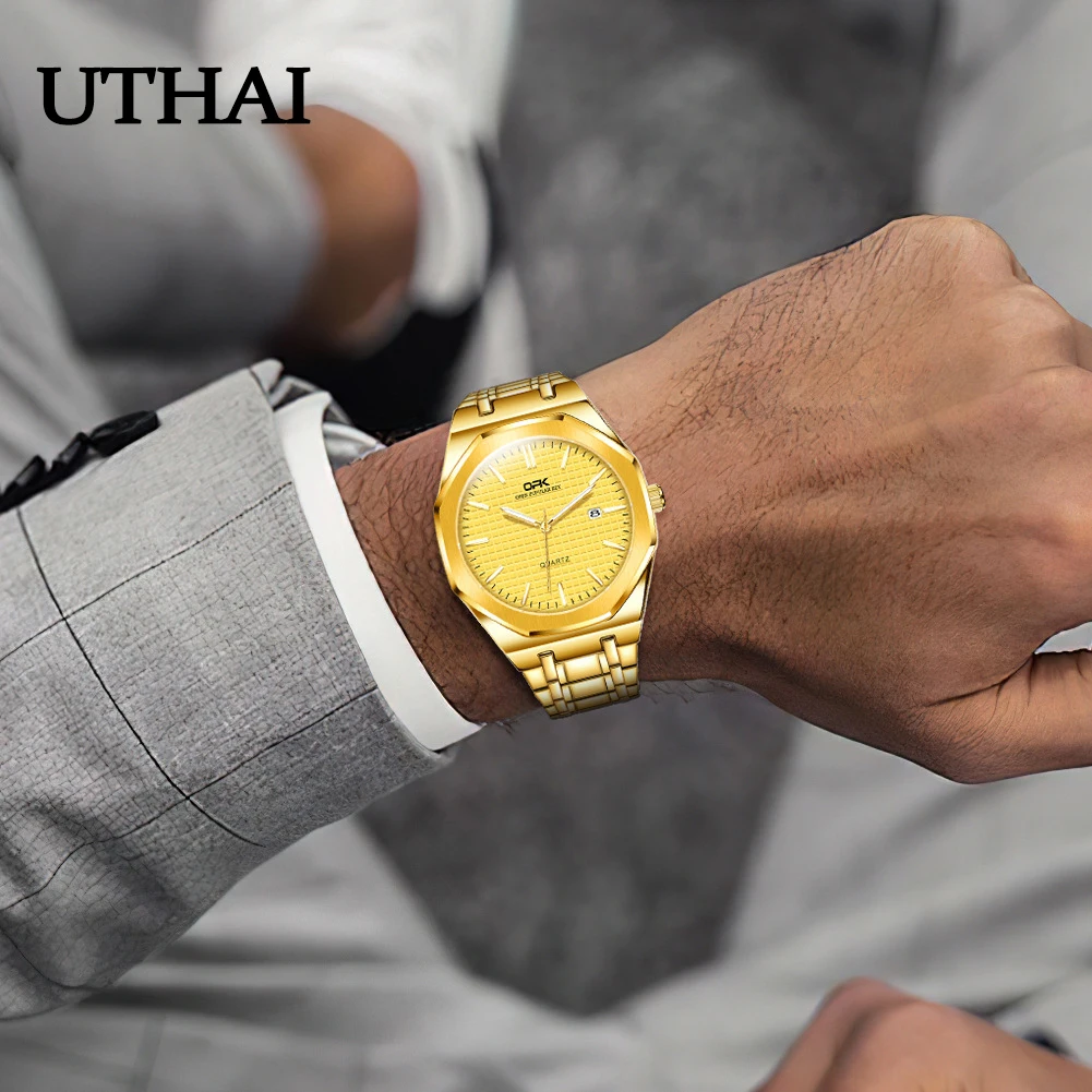 UTHAI CQ270 Простые и модные мужские часы, легкий роскошный деловой календарь, водонепроницаемые кварцевые часы, мужские часы