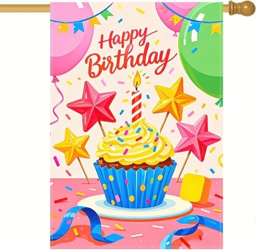 Happy Birthday Garden Flag 12X18 Inch Festive Yard Banner with Cake Design Brigh RRM IIX SSL