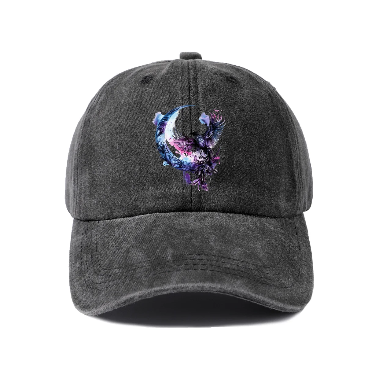 Moonlit Wolf Portrait Graphic Vintage Washed Baseball Cap, Adjustable Unisex Dad Hat, Weekend Gift