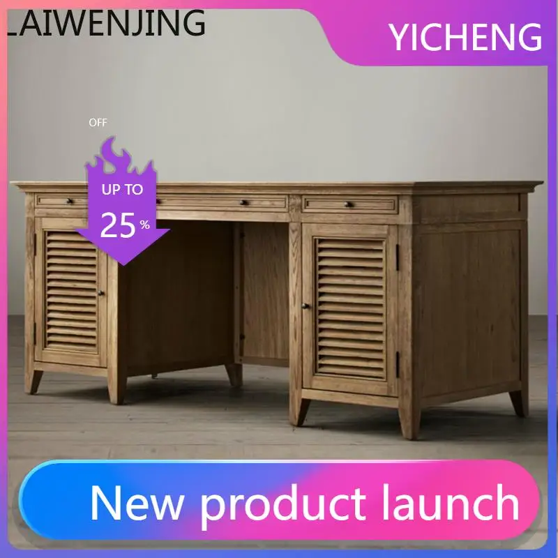 LYY  retro old shutter computer table furniture rural antique with drawers solid wood desk