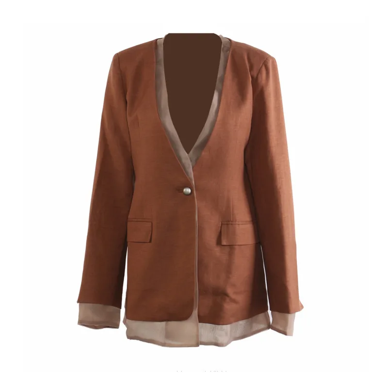 Hksh outono novas mulheres conjunto de duas peças retalhos cor bloco com decote em v único botão blazer calças retas senhora do escritório elegante hk12169