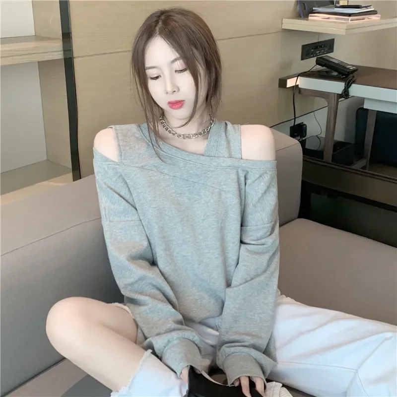 

Korean Style New Streetwear Unisex Fake 2 Pcs Sweatshirts Women Off-shoulder Fashion Simple Loose Casual All-match Long-sleeve