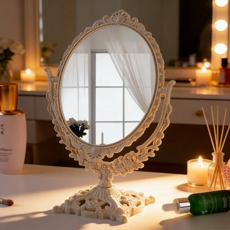 

Vintage Double Sided 360° Swivel Vanity Mirror, European Style Oval Tabletop Makeup Mirror for Bedroom Dorm, Home Decor Gift