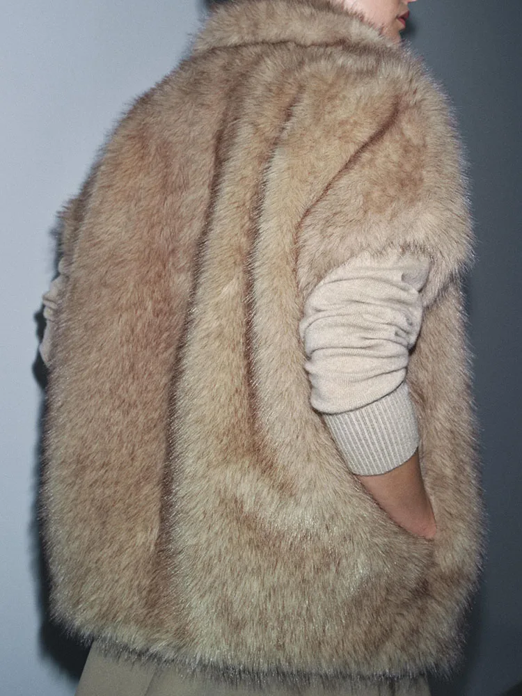 Ciepła kamizelka ze sztucznego futra damska, modny kołnierz z klapami, nowość na jesień, dopasowany krój, odzież wierzchnia damska, elegancka.