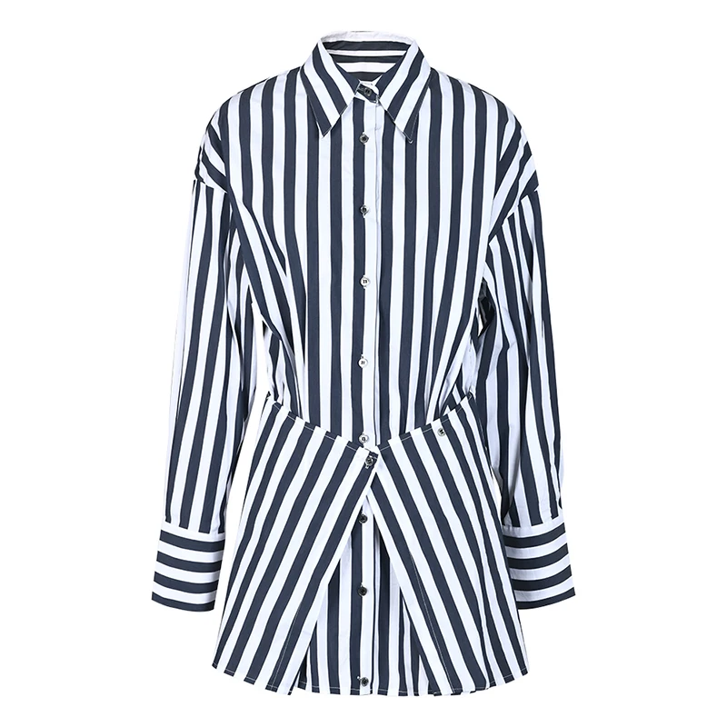 [LANMREM] Designer Spliced Striped Shirts Women Irregular Lapel Long Sleeve Fit Blouses Fashion Tide Spring 2024 New Tops