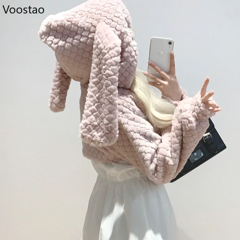 Kawaii Rabbit Ears Hooded Coats Women Casual Cute Bear Plush Warm Short Jackets Female Cute Korean Sweet Bunny Cardigan Outwear