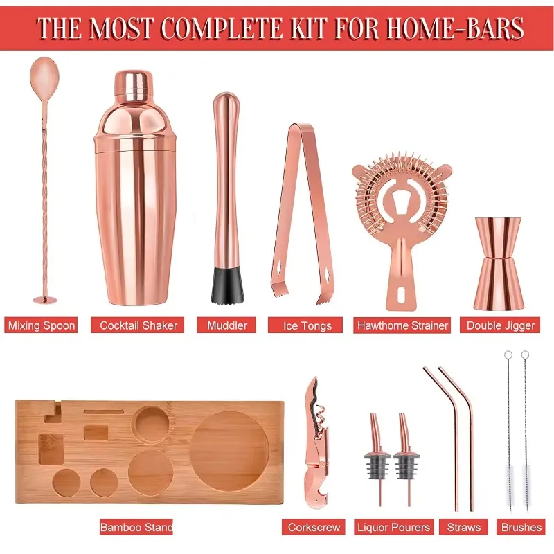 15Pcs Stainless Steel Bartender Mixing Kit Boston Cocktail Shaker Full Bar Accessories With Natural Bamboo Display Stand For Hom