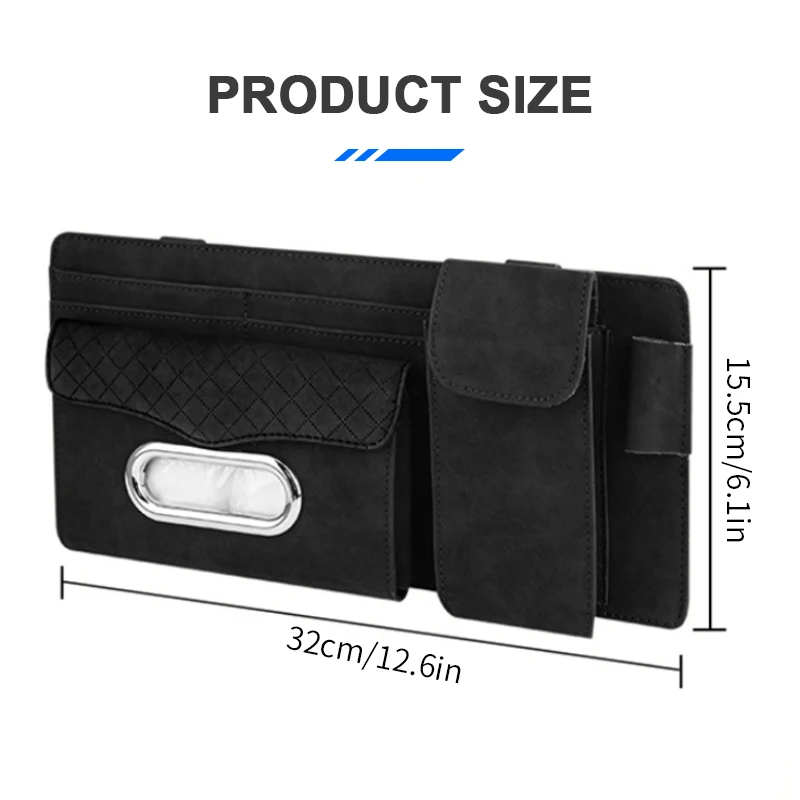 SEAMETAL Car Sun Visor Storage Bag Premium Car Organizer with Glasses Case Tissue Holder Hook and Loop Strap Storage Pocket