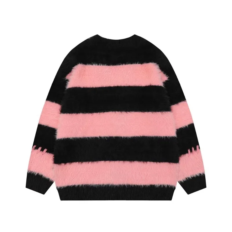 Contrasting Striped V-neck Men's Sweater Casual Loose Fashion Single Breasted Cardigan Couple Street Hip-hop Harajuku Coat Ropa